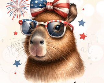 Fourth of July Funny Capybara Png, American Flag Coquette Bow, Cappy 4th of July, Independence Day T-shirt Design Digital Download