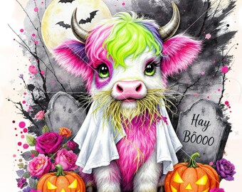 Neon Highland Cow Halloween PNG, Halloween Shirt Hay Boo Pun, Cute Ghoul Spooky Sublimation Design, Pumpkin Ghost Bats Digital Download