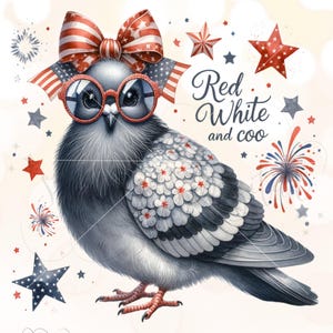 Kokette 4. von Juli Taube PNG, Rot, Weiß und Coo Pun Vaterländischen Digital Download, Fourth of Juli Vogel Feuerwerk Sublimation Design