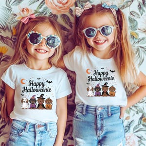 Matching Girls Halloween T-Shirts, Cute Happy Halloweenie Graphic Tees, Festive Kids' Outfits with Sunglasses and Bows