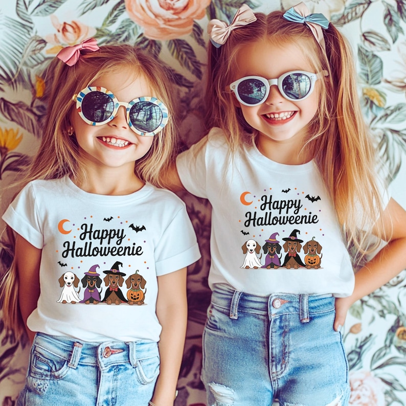 Matching Girls Halloween T-Shirts, Cute Happy Halloweenie Graphic Tees, Festive Kids' Outfits with Sunglasses and Bows