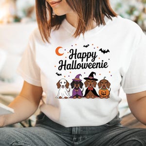 Happy Halloweenie T-Shirt, Cute Dachshund Dog Costume Graphic Tee, Women's Halloween Casual Outfit