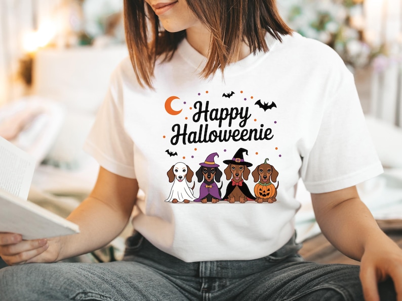 Happy Halloweenie T-Shirt, Cute Dachshund Dog Costume Graphic Tee, Women's Halloween Casual Outfit