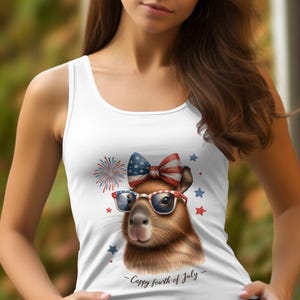 Women's Patriotic T-Shirt, Cute Dog with Glasses, American Flag, Fourth of July Apparel