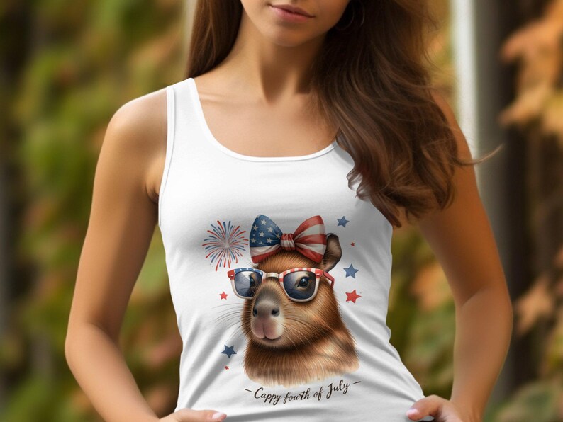 Women's Patriotic T-Shirt, Cute Dog with Glasses, American Flag, Fourth of July Apparel