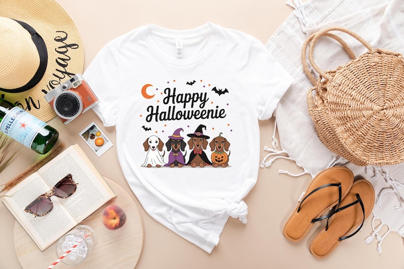 Happy Halloweenie Dog T-Shirt, Cute Dachshund Halloween Tee, Autumn Festive Apparel, Spooky Season Casual Wear