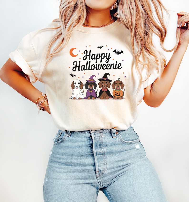 Happy Halloweenie T-Shirt, Cute Dog Graphic Tee, Women's Halloween Fashion, Festive Fall Clothing