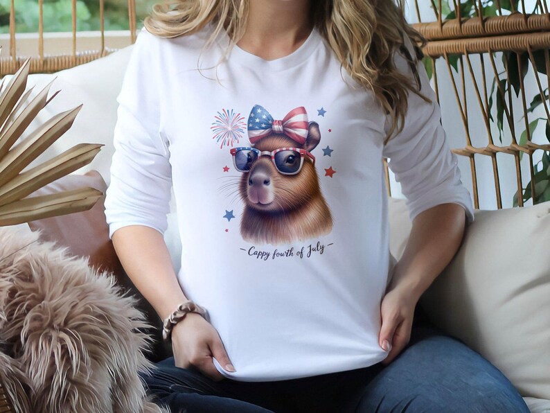 Women's 4th of July T-Shirt, Cute Guinea Pig with Glasses and Fireworks, Patriotic Summer Tee, Casual Graphic Top