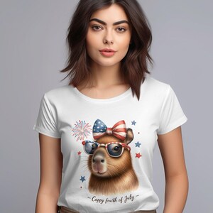 Women's July 4th T-Shirt, Cute Dog Graphic Tee, Patriotic Celebration Outfit, Fireworks Print Top