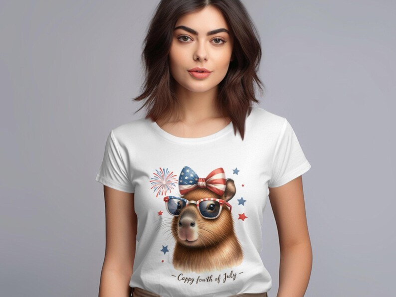 Women's July 4th T-Shirt, Cute Dog Graphic Tee, Patriotic Celebration Outfit, Fireworks Print Top