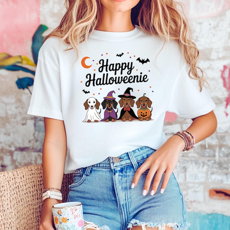 Happy Halloweenie T-Shirt, Cute Dog Ghosts Graphic Tee, Women's Fashion Casual Top, Autumn Holiday Apparel