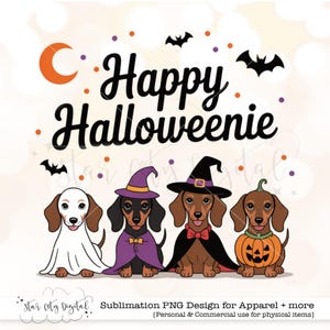 Happy Halloweenie Dachshund PNG, Cute Dog Digital Download, Halloween Clipart, Witch Hat, Pumpkin, Sublimation Graphics for T-Shirts