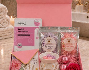 Caja de regalo para el Día de la Madre: Set de spa de autocuidado con lavanda, vainilla y pétalos de rosa. Incluye ceras aromáticas, bombas de baño y tarjeta.
