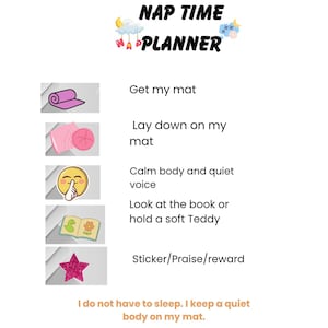 May include: A white Nap Time Planner with colorful illustrations and text. The planner includes steps like "Get my mat," "Lay down on my mat," and "Calm body and quiet voice." The bottom text reads, "I do not have to sleep. I keep a quiet body on my mat."