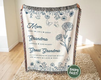 Great Grandma Woven Blanket with Names, Custom Birth Flower Gift for Great-Grandmother (WB0005)