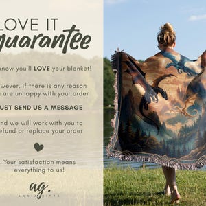 May include: A woven tapestry blanket featuring a fantasy landscape with dragons in shades of blue, black, and gold. The blanket has a fringed edge and is held by a person standing near a lake. The text "LOVE IT guarantee" is visible.