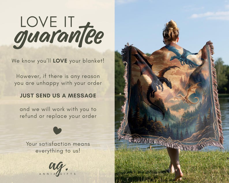 May include: A woven tapestry blanket featuring a fantasy landscape with dragons in shades of blue, black, and gold. The blanket has a fringed edge and is held by a person standing near a lake. The text "LOVE IT guarantee" is visible.