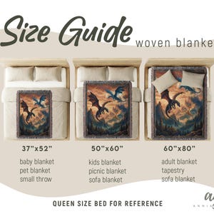 May include: Size guide for woven blankets, displayed on beds. The blankets feature a dragon design in shades of blue, orange, and brown. Sizes include 37"x52", 50"x60", and 60"x80". Text on the image reads "Size Guide" and "woven blanket".