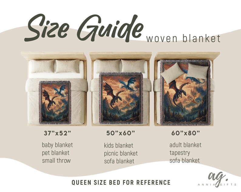 May include: Size guide for woven blankets, displayed on beds. The blankets feature a dragon design in shades of blue, orange, and brown. Sizes include 37"x52", 50"x60", and 60"x80". Text on the image reads "Size Guide" and "woven blanket".
