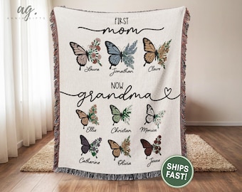 Personalized Birth Flowers Grandma Woven Blanket, Custom Names Butterfly Grandma Gift (WB0004)