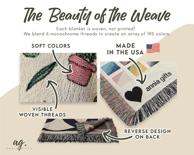 May include: A woven blanket with a cream background, featuring a plant design and a black heart. The text reads "The Beauty of the Weave" and "Made in the USA". The blanket has visible woven threads and a reverse design.