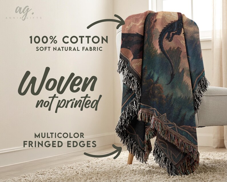 May include: A woven cotton throw blanket with a fantasy dragon scene in shades of blue, green, and brown. The blanket has fringed edges and the text "100% Cotton Soft Natural Fabric" and "Woven not printed" is visible.