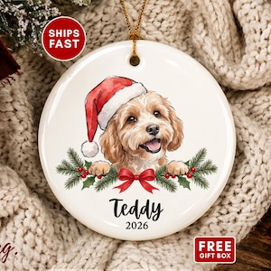 May include: A round white ceramic ornament featuring a watercolor illustration of a golden-colored dog wearing a red Santa hat. The dog is framed by green pine branches with red berries and a red bow. The text Teddy and 2026 are printed below.
