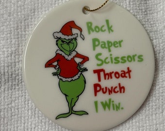 Custom Ceramic Grinch Ornament - "Rock, Paper, Scissors, Throat Punch - I Win!", Durable and Vibrant