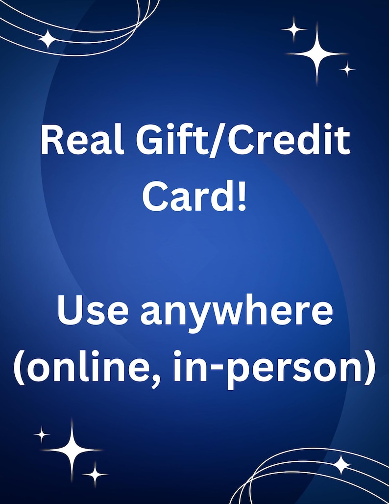 Puede incluir: Un fondo azul con estrellas y remolinos blancos. El texto "Real Gift/Credit Card! Use anywhere (online, in-person)" est&aacute; escrito en blanco.