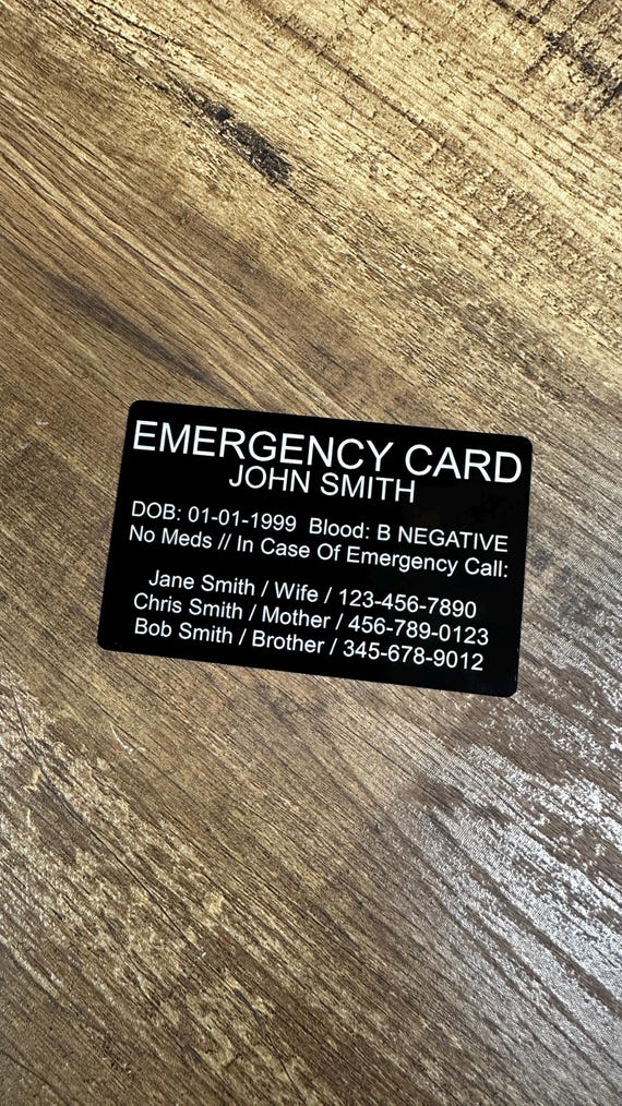 Metal Emergency Card/Medical Alert Wallet Card - Laser Engraved Anodized Aluminum - FREE SHIPPING! Will Not Rust, Crack, Break!