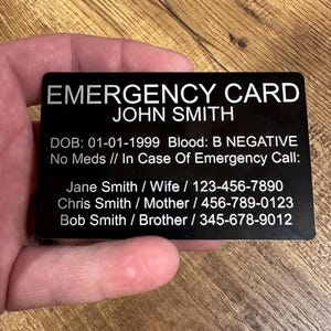 Medical Alert Metal Card/Medical Emergency Wallet Card - Laser Engraved Anodized Aluminum - FREE SHIPPING! Will Not Rust, Crack, Break!