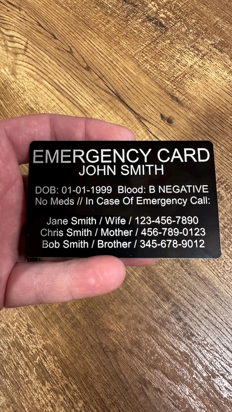 Metal Emergency Card/Medical Alert Wallet Card - Laser Engraved Anodized Aluminum - FREE SHIPPING! Will Not Rust, Crack, Break! image 2