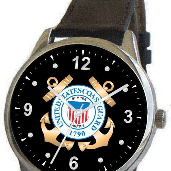 U.S. Coast Guard Emblem Watch with Large Polished Chrome Case and Black Leather Strap