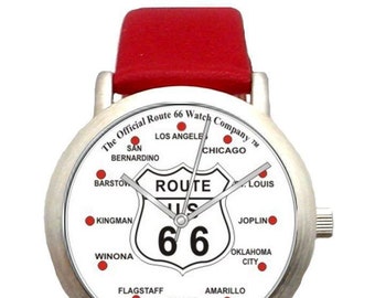 Cities From "Get Your Kicks on Route 66" on the Dial of the Collectible Watch With Red Leather Strap From The Official Route 66 Watch Co.