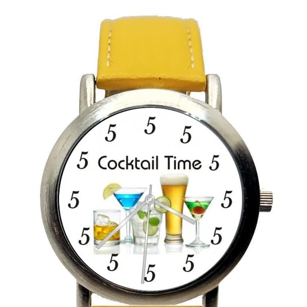 It's 5 o'clock Somewhere-Cocktail Time Watch With Four Color Straps-Yellow,  Green, Red & Blue.