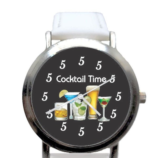 It's 5 o'clock Somewhere-Cocktail Time Medium Size 36mm Watch With White Leather Strap