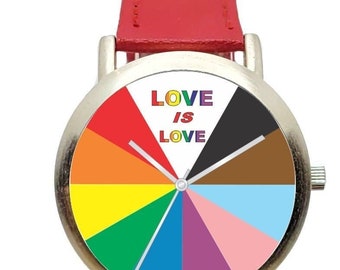 Rainbow LGBTQ+ Pride Watch Has Brushed Chrome 36mm Case With Red Leather Band And Donation to YPA