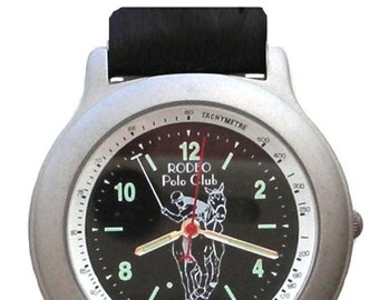 Rodeo Polo Club Sport Watch With Brushed Chrome Case and Tachymeter Has Black Leather Strap