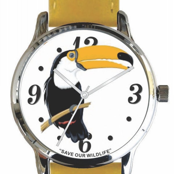 Save Our Wildlife Large Polished Chrome Watch with Yellow Strap has a "Toucan" Image and Donation to The African Wildlife Foundation