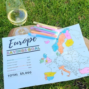 May include: A map of Europe with different colored regions, each labeled with a dollar amount. The map is on a white background with the text "Europe Savings Goal" and a list of regions and their corresponding savings goals. The total savings goal is $5,000.