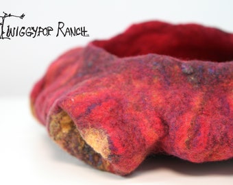 Hand Felted Vibrant Red Wool Bowl with Black and Yellow Accents