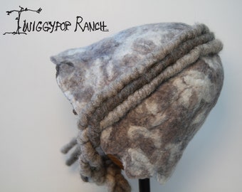 Snow Camo Hand Felted Wool Hat with Icelandic Rope Cords