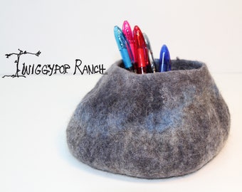 Hand Felted Cool Grey Wool Bowl with Blue and White Accents