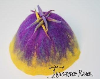 Kids Bright Purple and Yellow hand felted wool hat with Pom Pom Noodles