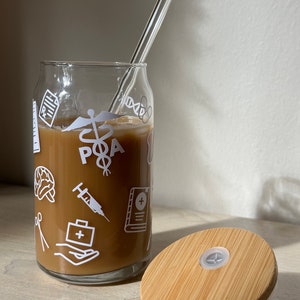 PA Medical Professional Symbols 16oz. Glass Iced Coffee Cup, Beer/Soda Can - Includes Glass Straw and Bamboo Lid -Personalizations available