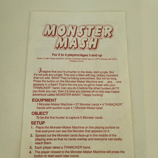 Vintage 1987 Monster Mash Game Replacement Piece Instructions Parker Brothers T3