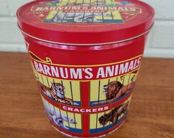 Vintage 1991 Barnum's Animal Crackers Boîte de rangement ronde en fer blanc des années 1990 T6