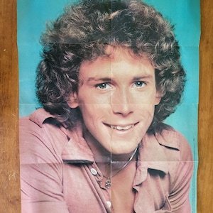 Puede incluir: Un póster vintage que muestra a una persona sonriente con cabello castaño rizado. La persona lleva una camisa rosa con cuello y un collar plateado. El fondo es de color azul claro.