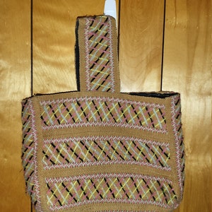 Vintage 1970s Handmade Purse Bag Burlap Embroidered Yarn Retro Boho Hippie F3