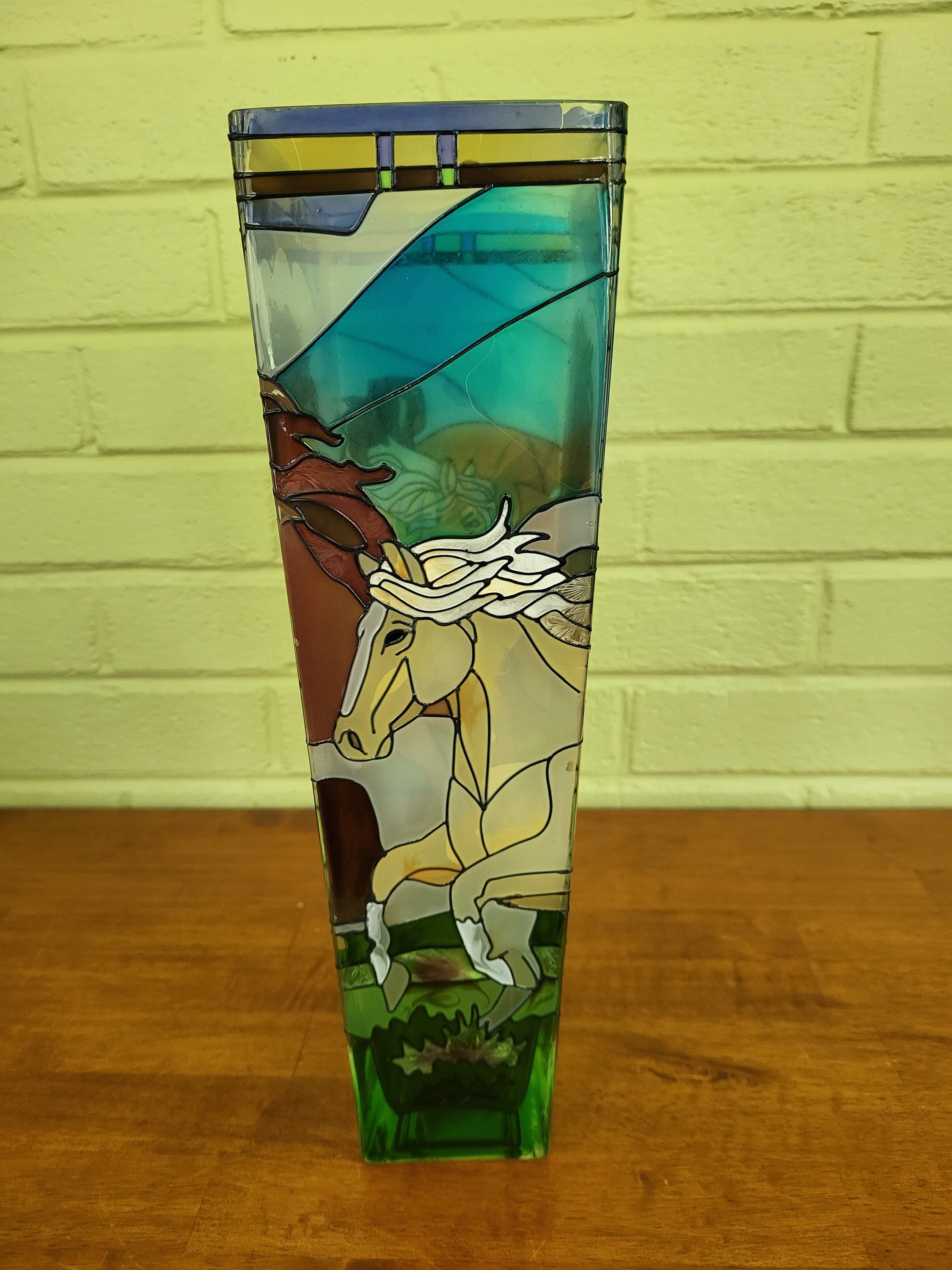 Vintage Joan Baker Glass Vase HORSES Hand Painted Tiffany Style Stained